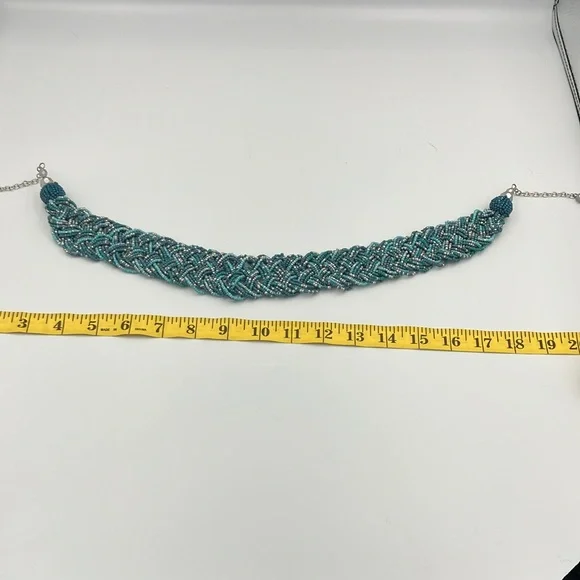 Vintage Turquoise and Silver Small Beads Braided Chunky Statement Necklace - Picture 7 of 9